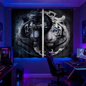 Two-piece set, made of polyester, featuring a high-definition digital tiger print, semi-blackout curtains suitable for bedrooms, living rooms, offices, and home décor, Home Decoration Curtain. Includes a rod pocket for inserting a curtain rod.