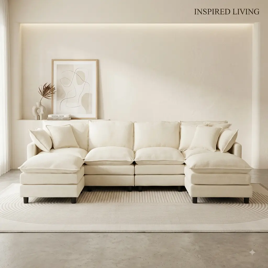 Modular Cloud Sectional Sofa, 106" U-Shaped Couch with Double Chaise & Movable Ottomans, Oversized Plush Fabric Furniture with Pillows for Living Room, Cream Beige