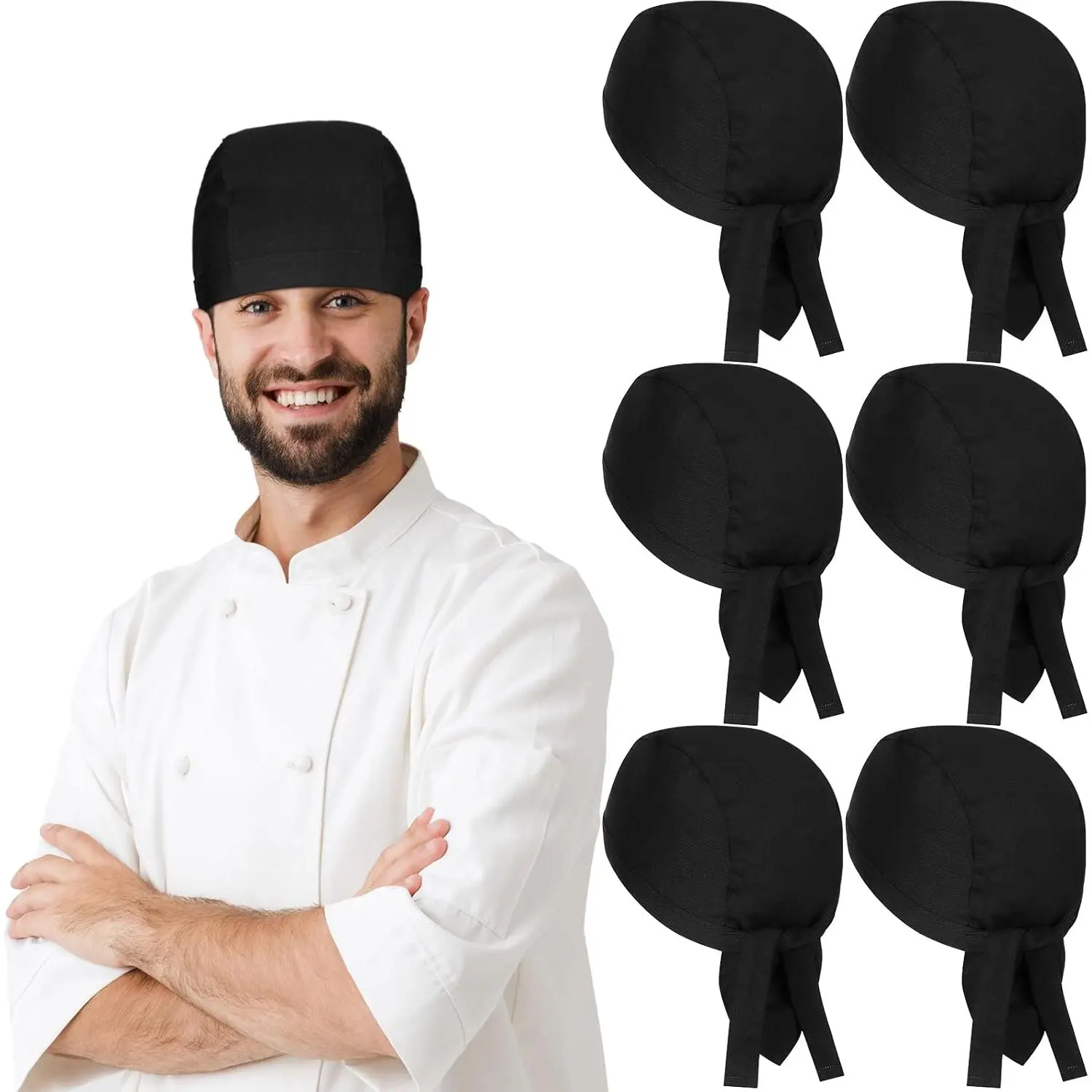 Adjustable Fit Chef Hat for Men - Tie-Back, Breathable Head Cover, Black Skull Cap Bandana for Cooking (Suitable for Men), Adjustable Fit Hat