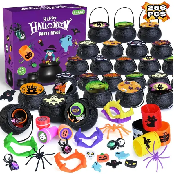 Halloween Fall Gift 256 PCS Halloween Party Favors for Kids, 32 Pack Prefilled Small Plastic Witch Cauldron With Assorted Halloween Toy In Bulk, Miniatures for Kids Trick or Treat, Halloween Classroom Rewards