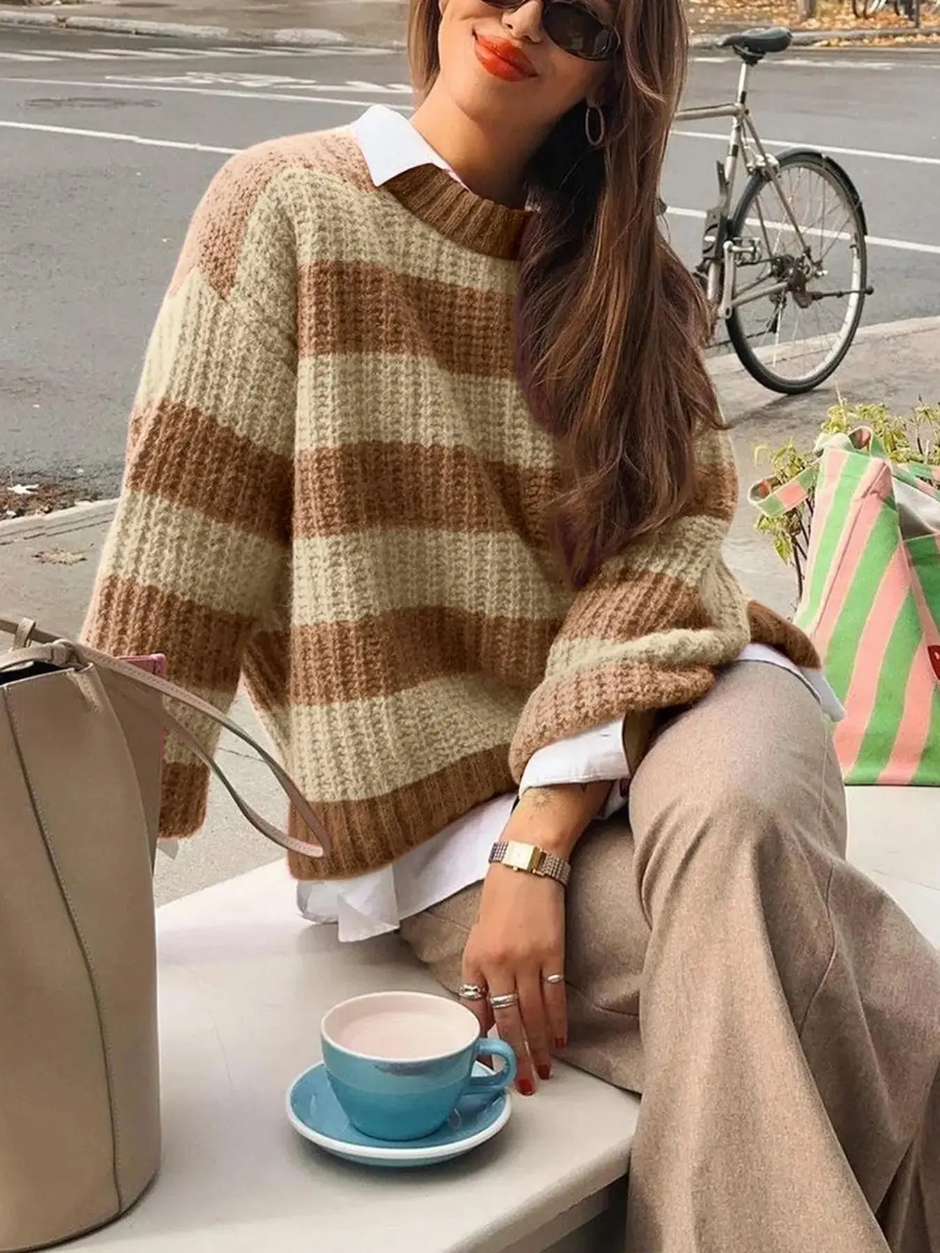 2026 Women's Round Neck Colorblock Striped Knit Sweater, Long Sleeve Loose-Fit Casual Pullover for Fall and Winter Daily Comfortable Wear and Cozy Layering, versatile timeless modern wardrobe essential