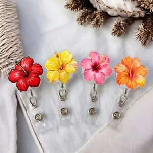 Colorful Hibiscus Flower Badge Reel - Cute Summer Scrub Accessory Gift - Aesthetic Floral Retractable ID Holder for Nurses, Teachers
