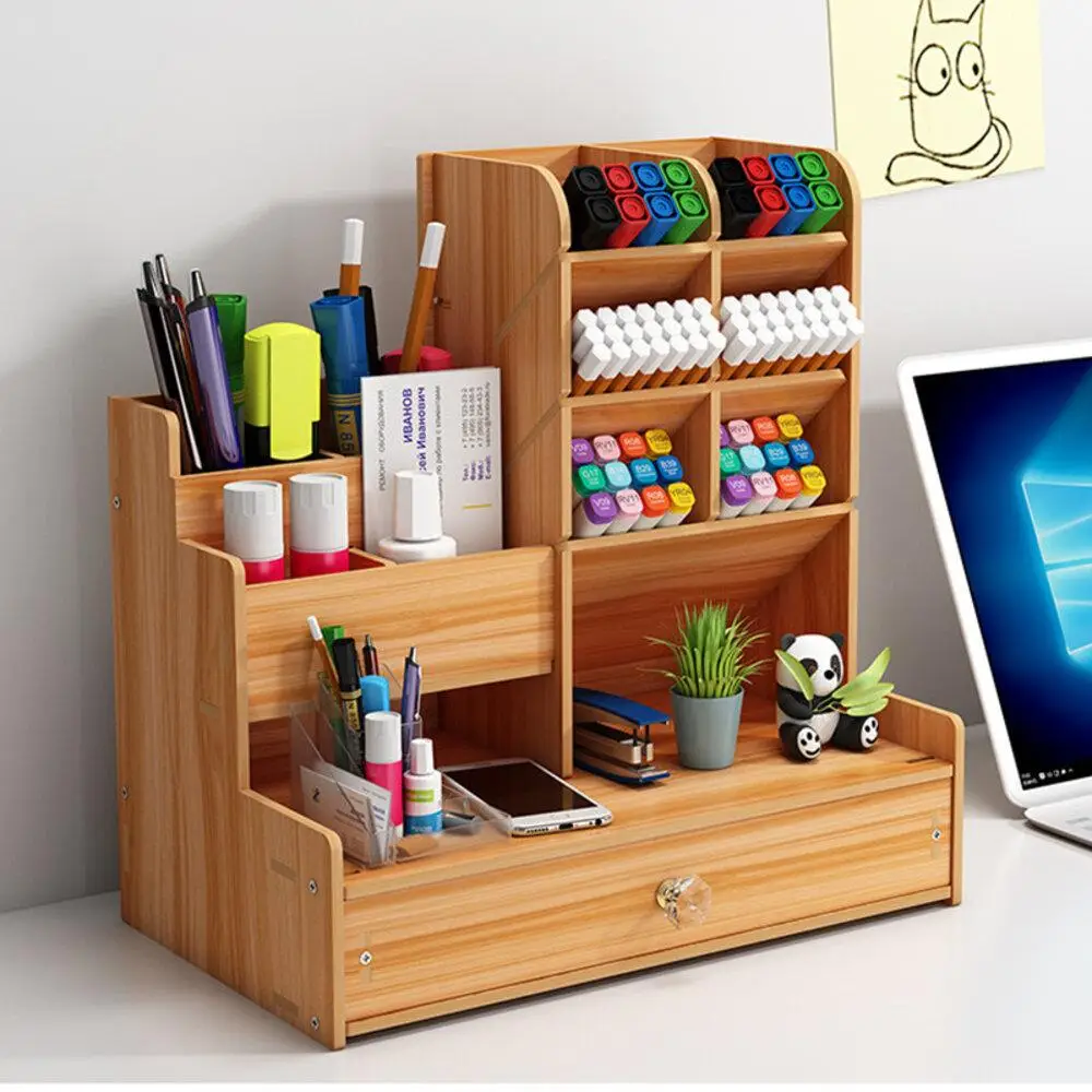 1 Count Multifunctional Desktop Stationery Storage Rack, Multi-grid Pencil & Pen Holder, Wooden Desk Organizer for Home Office Dormitory