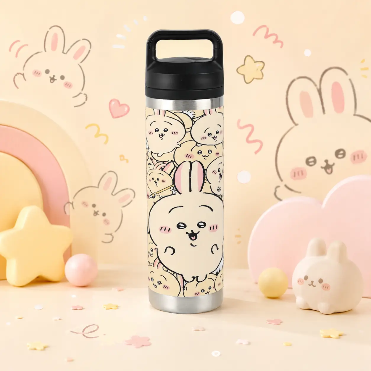 20oz Chiikawa Usagi Pattern Tumbler with Handle Lid,Insulated Stainless Steel Water Bottle,Cute Thermos Flask,Portable Drinkware for Home Office School,Kawaii Chiikawa Fan Gift,Summer Cool Cup