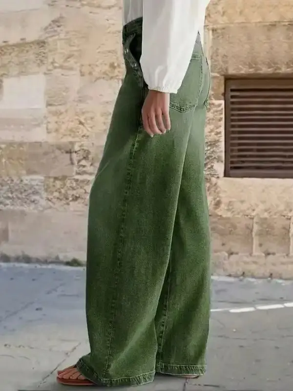 Women Vintage Olive Green Washed Wide Leg Jeans Loose High Waist Baggy Denim Trousers
