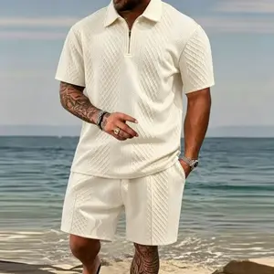 Men’s solid jacquard polo shirt and drawstring waist shorts sports set—comfortable and breathable two-piece outfit suitable for everyday outdoor wear; new men’s apparel for summer.