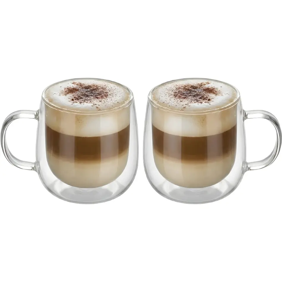 10oz Double Walled Glass Coffee Mugs Set of 2, Clear Insulated Mug for Cappuccino, Latte, Borosilicate Glass Cup, Heat & Cold Resistant Glasses