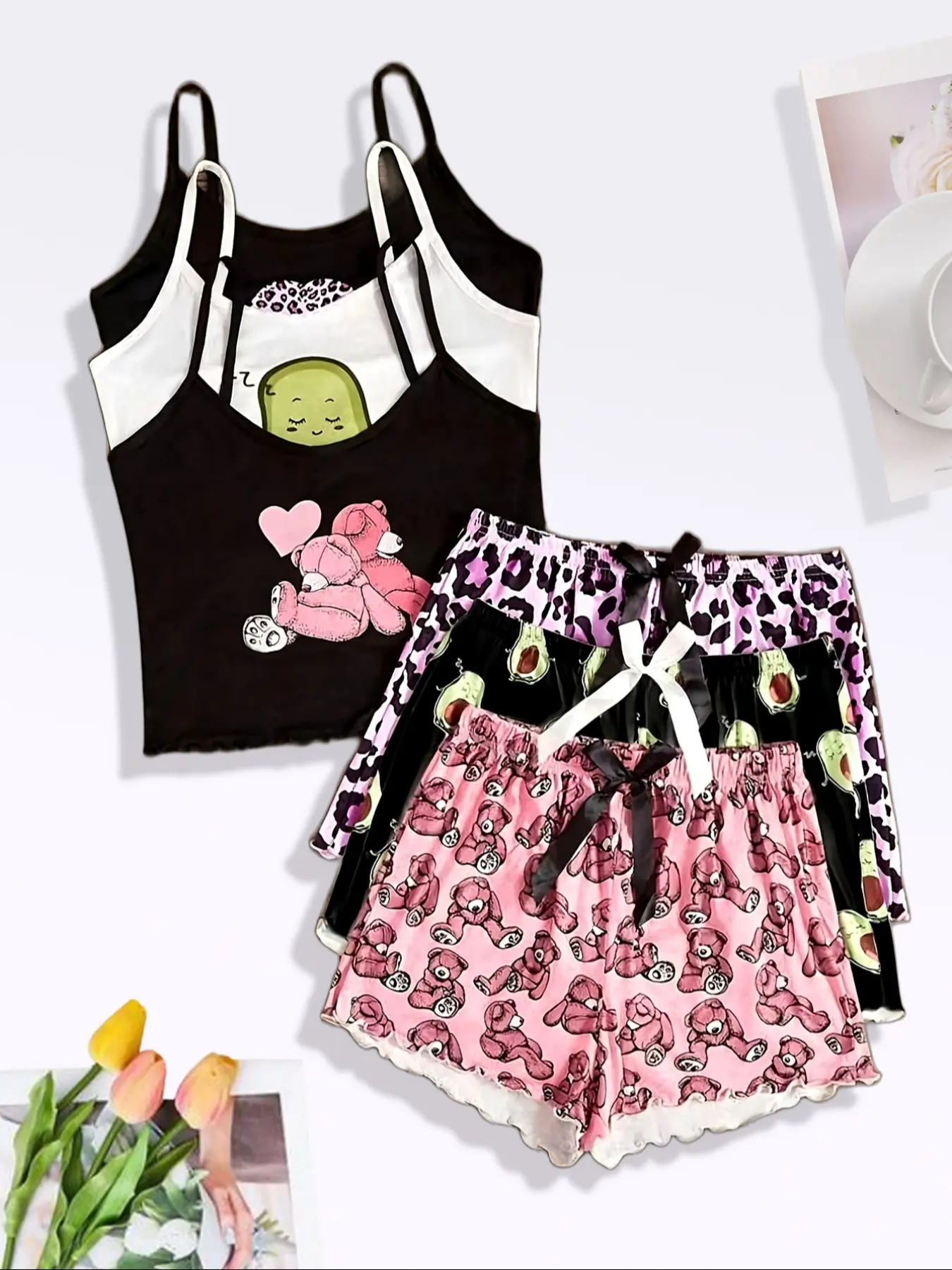 Women's 3-Piece Sleepwear Set, Womenswear, Leopard Print, Avocado Color, Bear Pattern, Strapless Shorts, Soft and Comfortable, Casual Home Wear, Loungewear, Pajama Set, Pjs