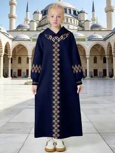 Vintage Embroidered Girls' Long Robe, Colorblock Geometric Trim, Hooded Long Sweatshirt Dress, Casual Fashion for Kids, Hooded Dresses