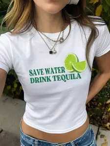 Women's Lemon & Letter Print Round Neck Tee, Fashion Casual Crew Neck T-shirt for Daily Holiday Vacation Outdoor Wear, Ladies Clothes for All Seasons