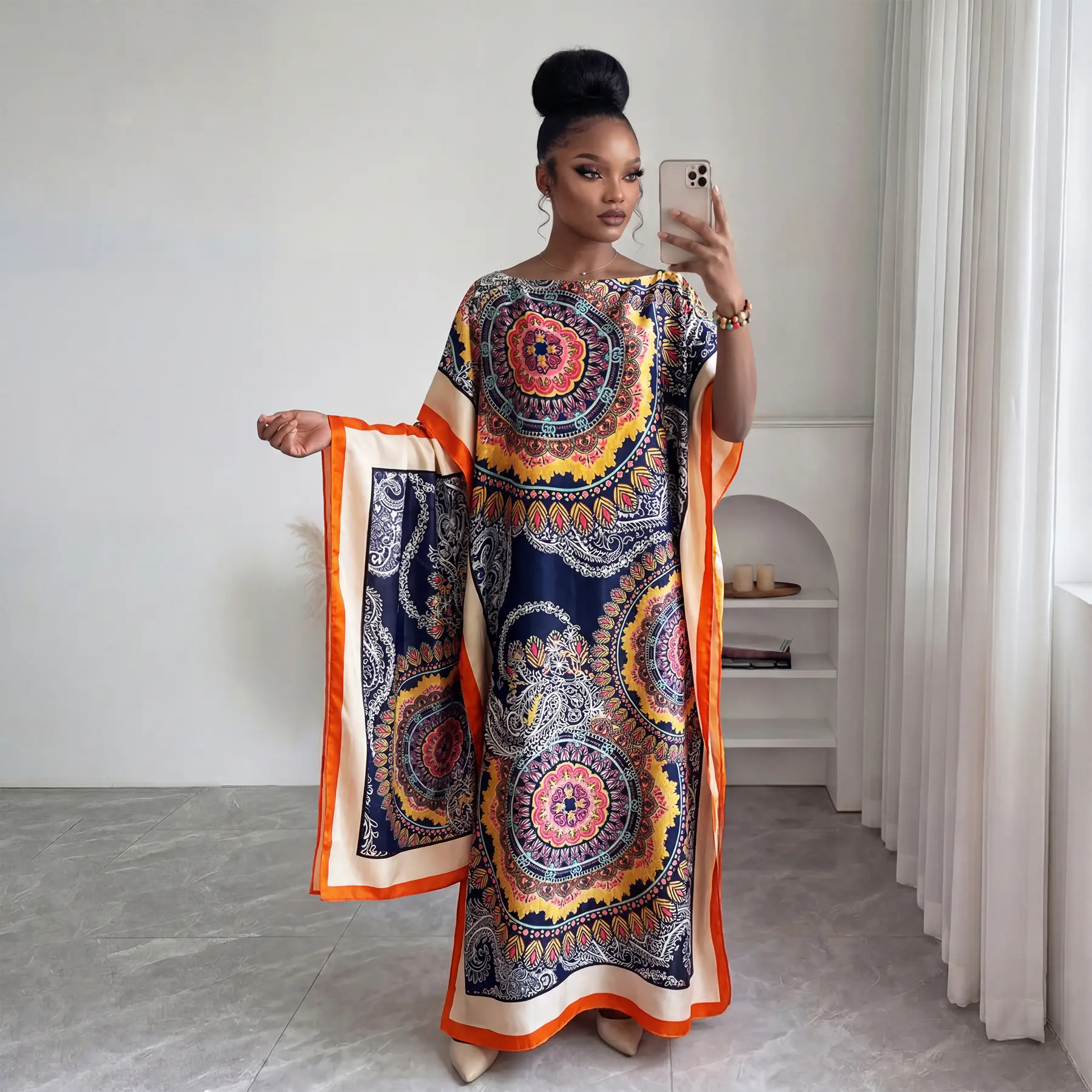 Luxury Bohemian Mandala Print Satin Kaftan Set, Oversized Batwing Long Caftan Dress with Matching Scarf, Elegant Outfit for Summer Vacation & Daily Wear