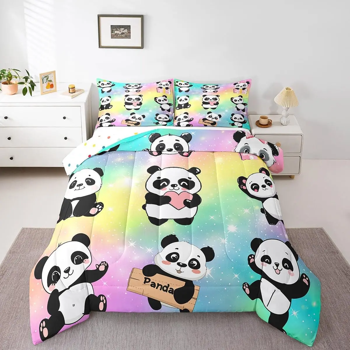 Feelyou Kawaii All-Over Print Duvet Set - Queen Size, Soft Warm Breathable Bedding with Cute Panda Cartoon Pattern Blanket, Kawaii Theme, All Seasons, Machine Wash, Cozy Dorm Bedroom Decor, Camping Travel-Friendly Insert