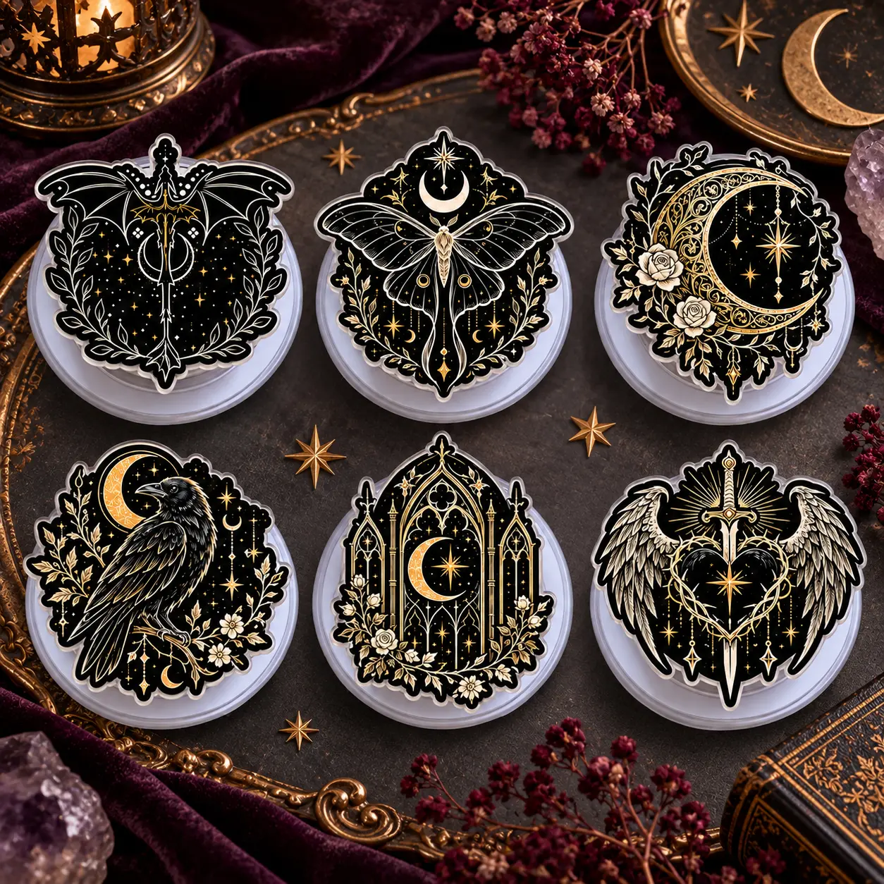 Gothic Dragon Moon Magnetic Phone Grip, Celestial Acrylic Phone Holder Stand, Dark Fantasy Phone Accessory, Gift for Book Lovers