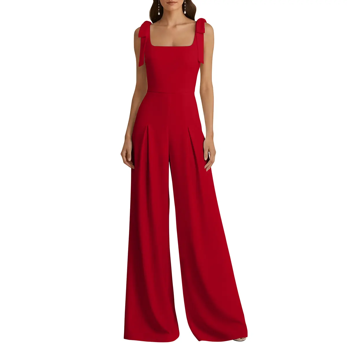 HYZ Women's Elegant Square Neck Sleeveless Bow Tie Tank Top Slim Straight Wide Leg Long Pants Cocktail Jumpsuit