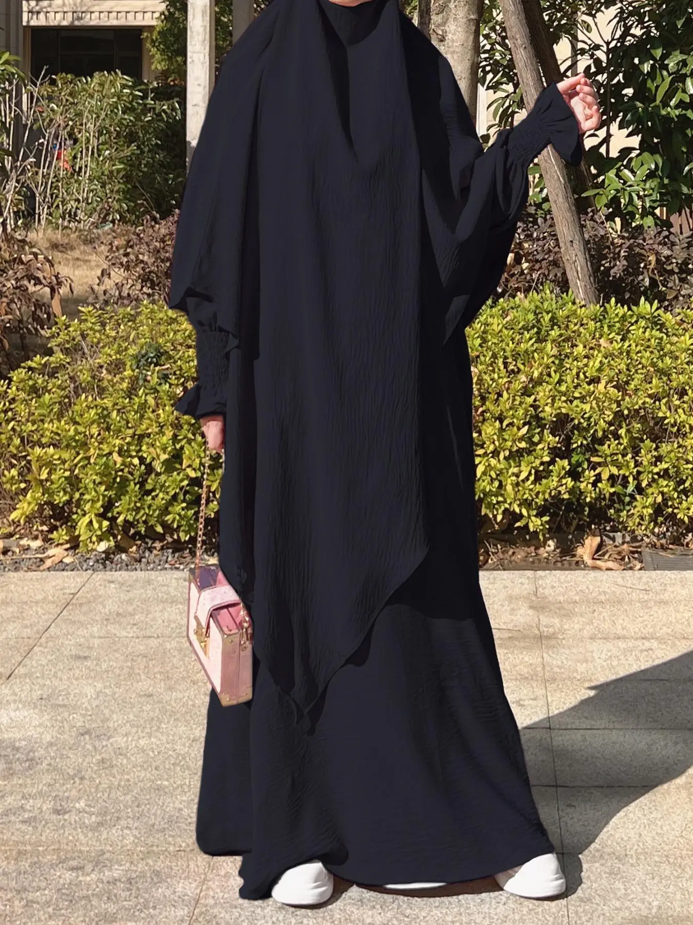 Women's Solid Color Abaya Set, Modest Long Sleeve Maxi Dress with Hijab, Muslim Clothing for Party, Travel, Worship
