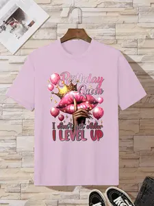 Balloon Crown Print T-Shirt, American Party Style, Girls' Birthday Celebration Casual Round Neck Top, Loose-Fitting, Letters Pattern