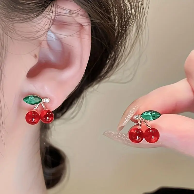 Cherry Studs for Female, Elegant Red Fruit Themed Copper Metal Fashion Earrings for Daily, Party & Engagement