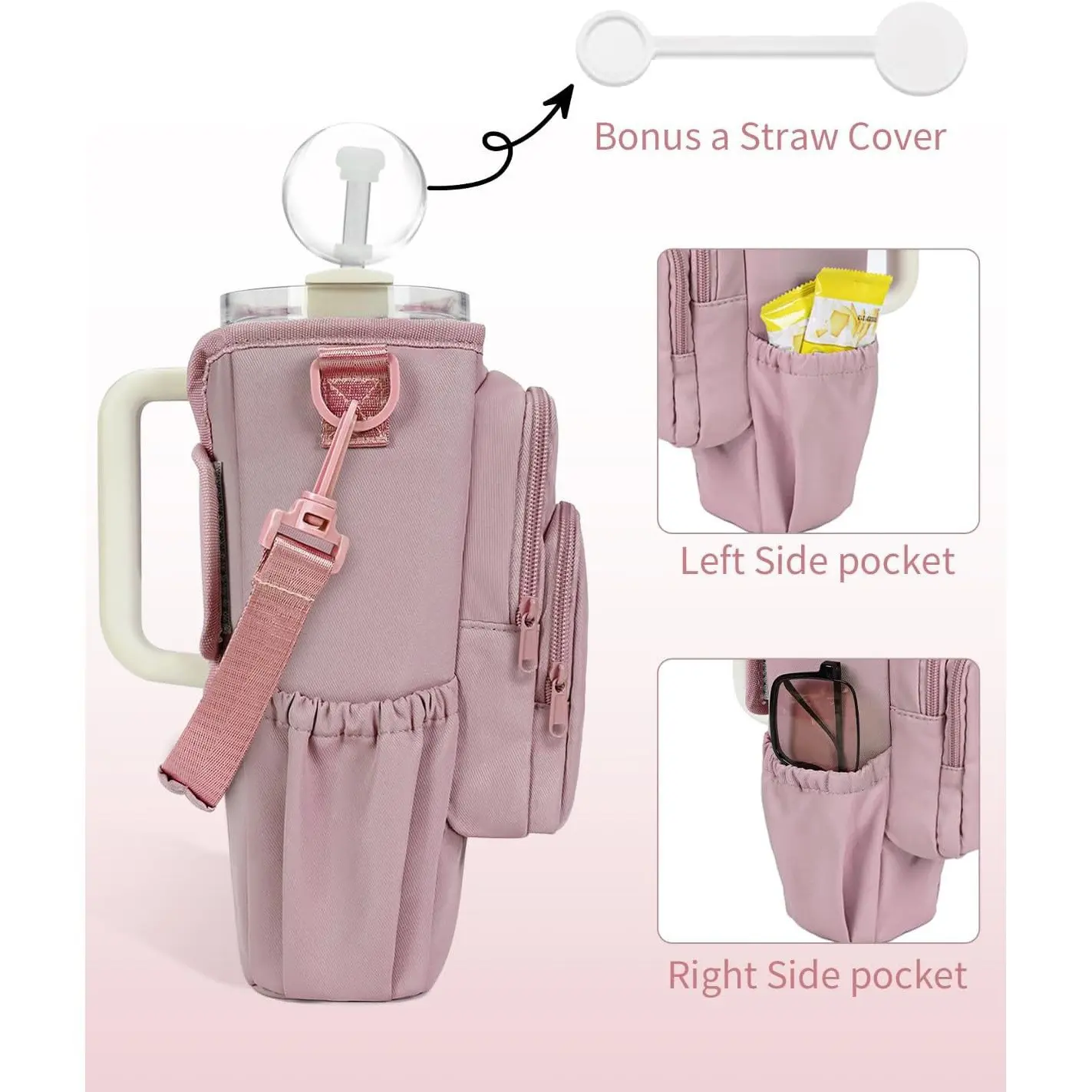 Pink Travel Tote with Straw Cover, Left & Right Side Pockets, Ideal for On-the-Go Use, Perfect for Travel & Daily Essentials