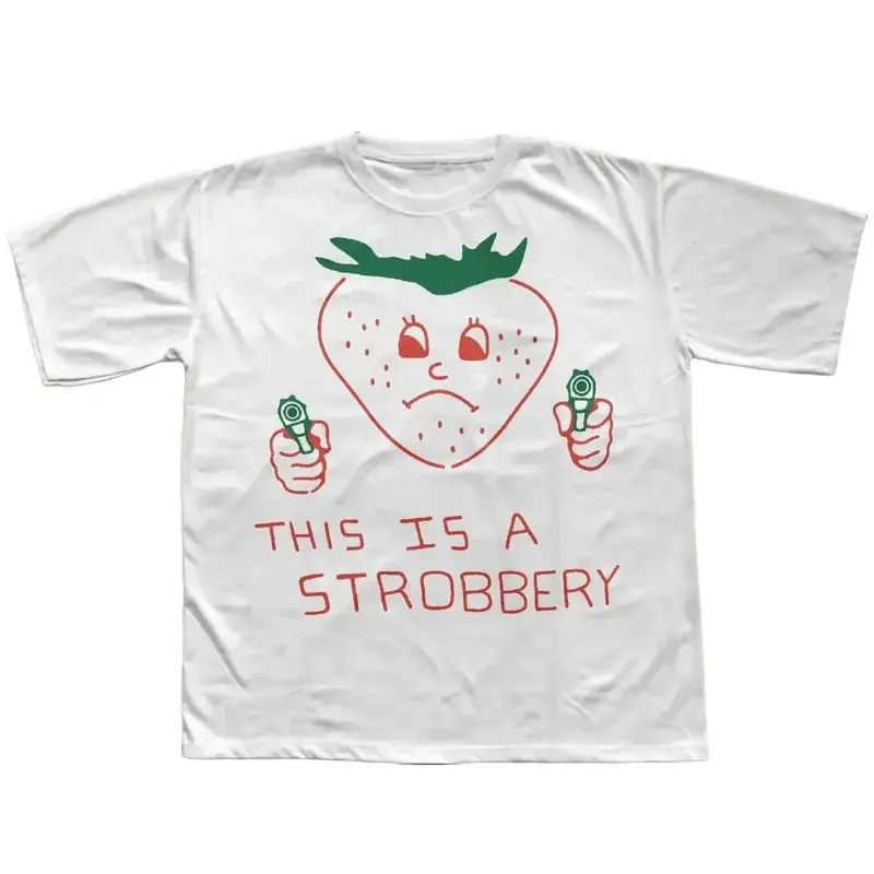 Women's Funny Strawberry Printed Round Neck T-Shirt - Retro Graphic, Ironic Food Design, Basic Everyday Short Sleeve, Unisex Comfort Colors Cotton Fabric Top