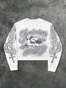 1Pcs Unisex White Airbrush Angel Graphic Sweatshirt | Y2K Eternity Script Cropped Pullover | Gothic Symbolism Artistry Streetwear Top