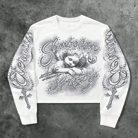 1Pcs Unisex Design White Long Sleeve Airbrush Angel Graphic Casual Sporty Sweatshirt | Y2K Eternity Script Cropped Pullover | Gothic Symbolism Artistry Streetwear Top