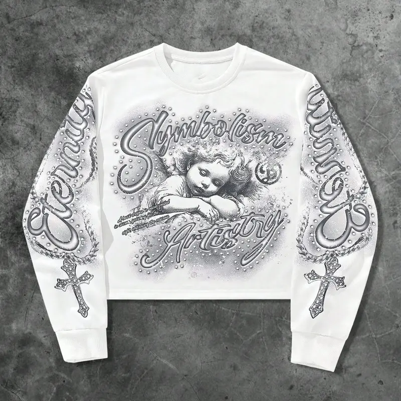 1Pcs Unisex Design White Long Sleeve Airbrush Angel Graphic Casual Sporty Sweatshirt | Y2K Eternity Script Cropped Pullover | Gothic Symbolism Artistry Streetwear Top