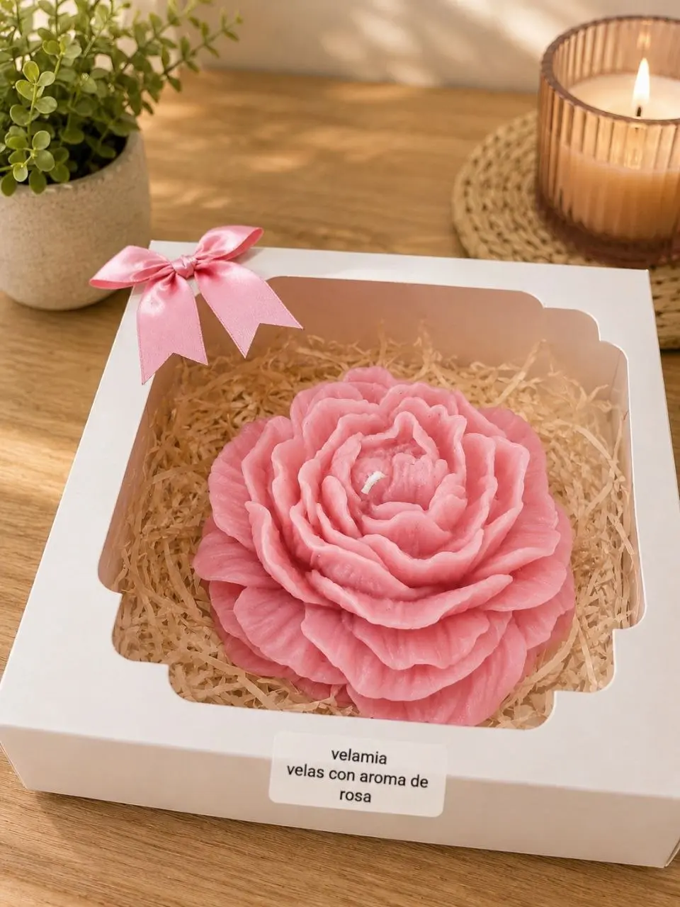 Velamia Rose Scented Candle in Elegant Box with Pink Ribbon Perfect for Home Decor and Gifts