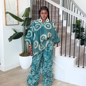 Adire Chic Set - Women's Turquoise & White Patterned Top & Bottoms Set for Casual Wear - Clothes, Womenswear