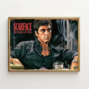 Scarface: The World Is Yours" Vintage Movie Poster |     Frameless Wall Art |     Classic Film Decor for Home, Office & Hotel |     Bold Red Title |     Golden-Toned Iconic Scene |     Perfect Festival