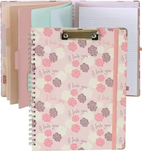 Clipboard Folio Spiral Folder Board,5 Extra Folders with 10 Storage Pockets,Refillable Lined Fillable Notepad,Folded Clipboard with Storage,Suitable for Office,School and Student ( Love Flower)