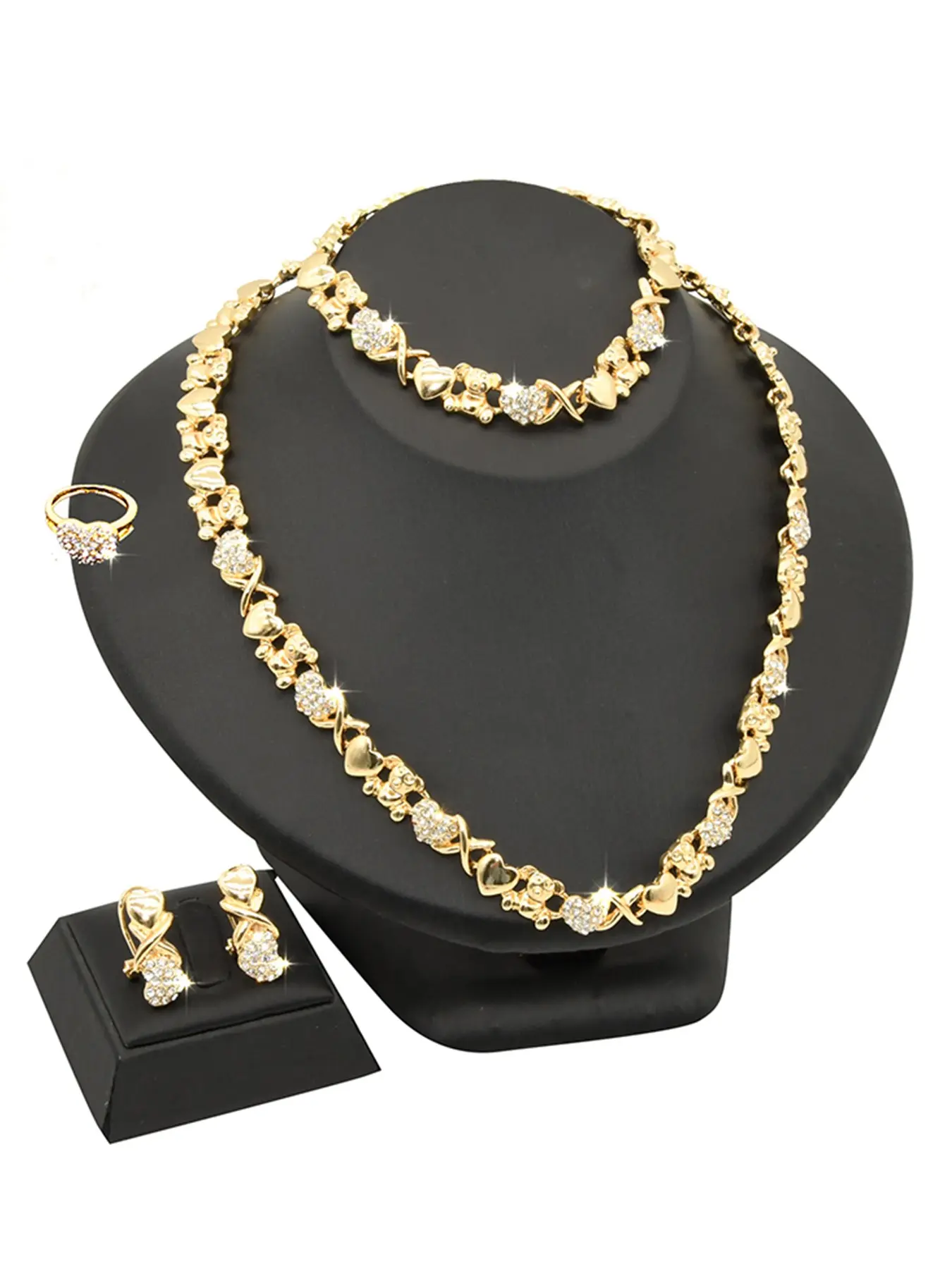 Four-Piece Elegant Heart Bear Crystal Jewelry Set for Women, Wedding Party Bride Necklace Ring Earrings Bracelet Set