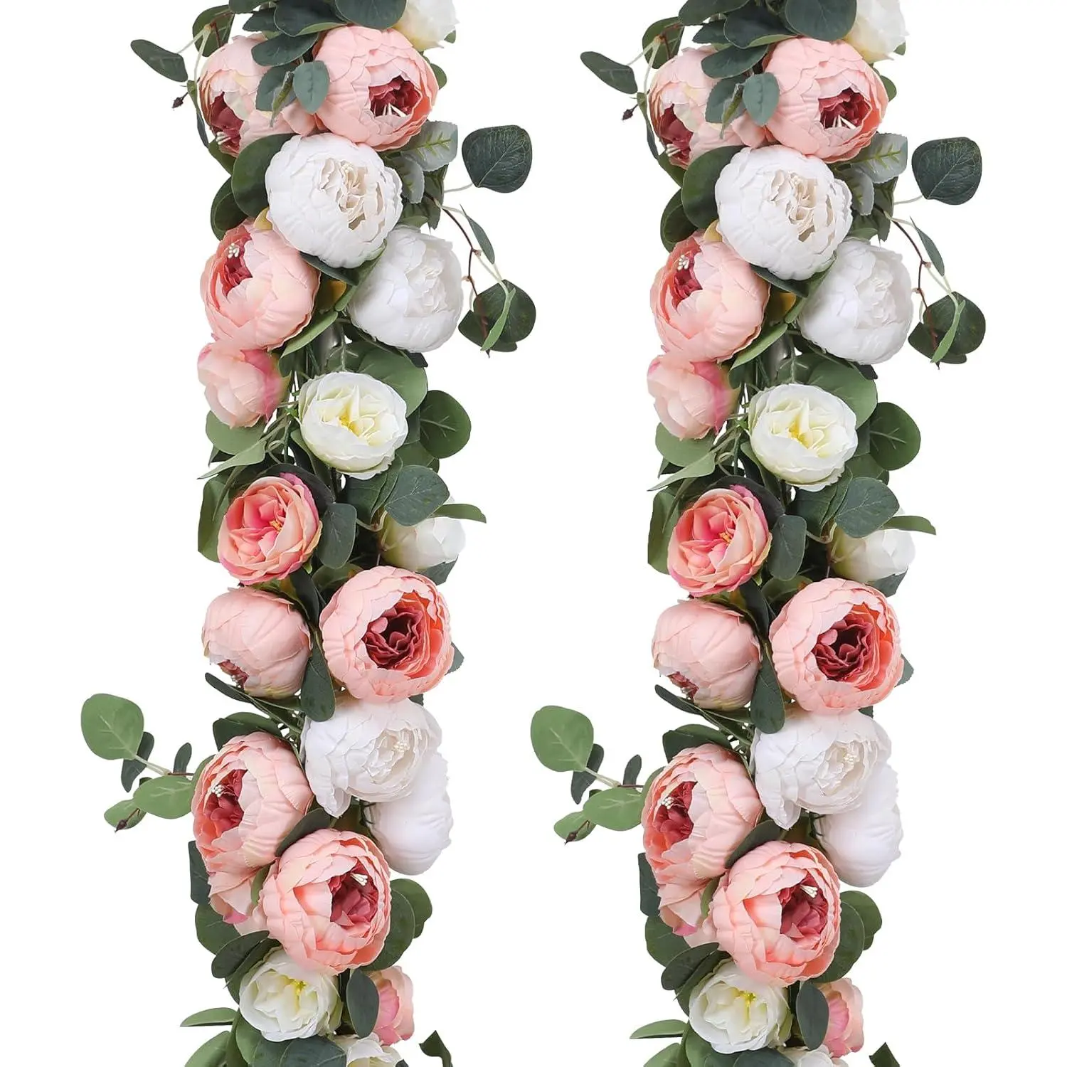 2 Pack Artificial Flower Garlands 11.2FT Eucalyptus Garlands with  8  Peony Flower Vine Faux Floral Garland for Wedding Arch Table Wall Backdrop Wreath Decoration. (Pink & White)
