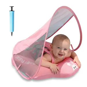Baby Float with Removable Canopy UPF 50+ Sun Protection 5-Point Safety Harness Anti-Flip Infant Swim Ring Soft Fabric Toddler Pool Float for 6-36 Months Summer Pool Beach Water Play Essential