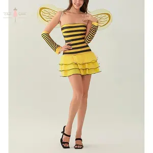 Women Halloween Outfit, Sleeveless Striped/Dots Print Ladybug/Bee Cosplay Dress Hair Hoop Wings Costume Yellow
