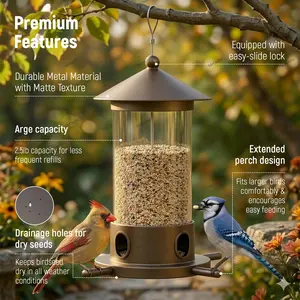 MrCrafts Metal Bird Feeder for Outdoor Hanging -  Premium Iron  Wild Bird Feeders, Bronze Heavy Duty Iron with Drainage Holes, One-Handed Refill Sliding Roof, Elegant Minimalist Garden Decor
