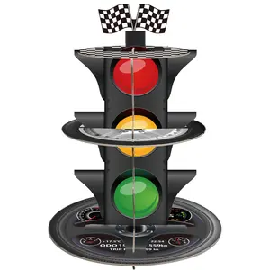 3-Tier Race Car Theme Cupcake Stand Racing Birthday Party Decoration Round Cardboard Cupcake Stand for Cars Birthday Decorations Race Car Party Supplies , Circle Water Proof Ornaments