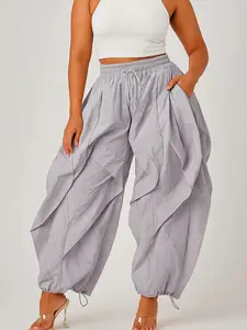 Women Casual Baggy Cargo Pants Trendy High Waisted Ruffle Patchwork Long Trousers with Drawstring