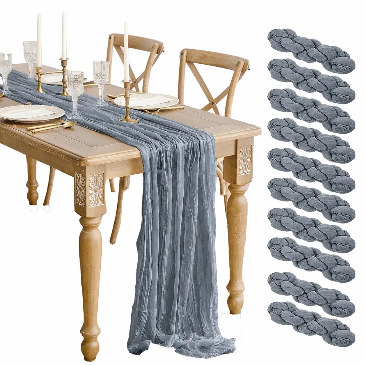 Dusty Blue Semi-Sheer Boho Gauze Cheesecloth Table Runner, 6/10 Packs, 17x108in (9FT) Kitchen Linen for Wedding, Home Decor, Farmhouse Use
