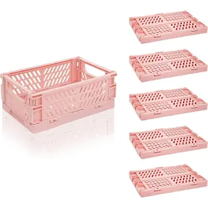 6 Pack Mini Foldable Small Plastic Collapsible Storage Baskets for Organizing, for Home Kitchen Bedroom Bathroom Office, Pink Small 6x4x2.2