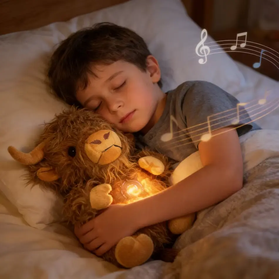 31cm Simulation Highland Cow Plush Doll cute Peluche Soft Soothes Toy Highland cattle Anime Music Light Sleep Gifts Room Decor
