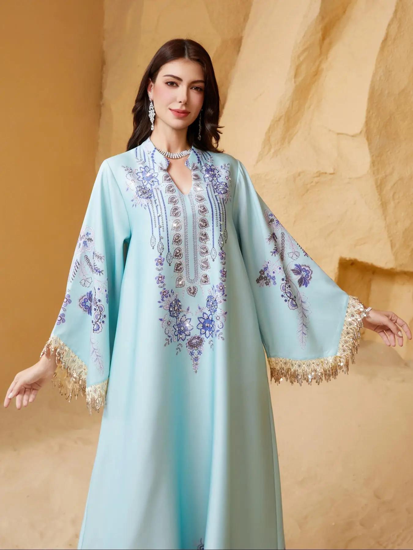 Women's Embroidered Sequin Dress, Elegant Long Sleeve Arabic Maxi Dress for Party Evening Formal Occasions, Ladies' Islamic Clothing for All Seasons