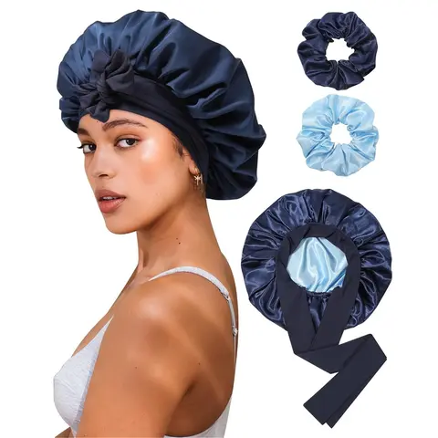 Women's Reversible Double-Layer Polyester Satin Night Bonnet Hat with Elastic Stretch Tie Band, 2PCS Hair Scrunchies - Lightweight Friction-Free Curly Hair Smoother, Heatless Curl Every Day Haircare Accessory