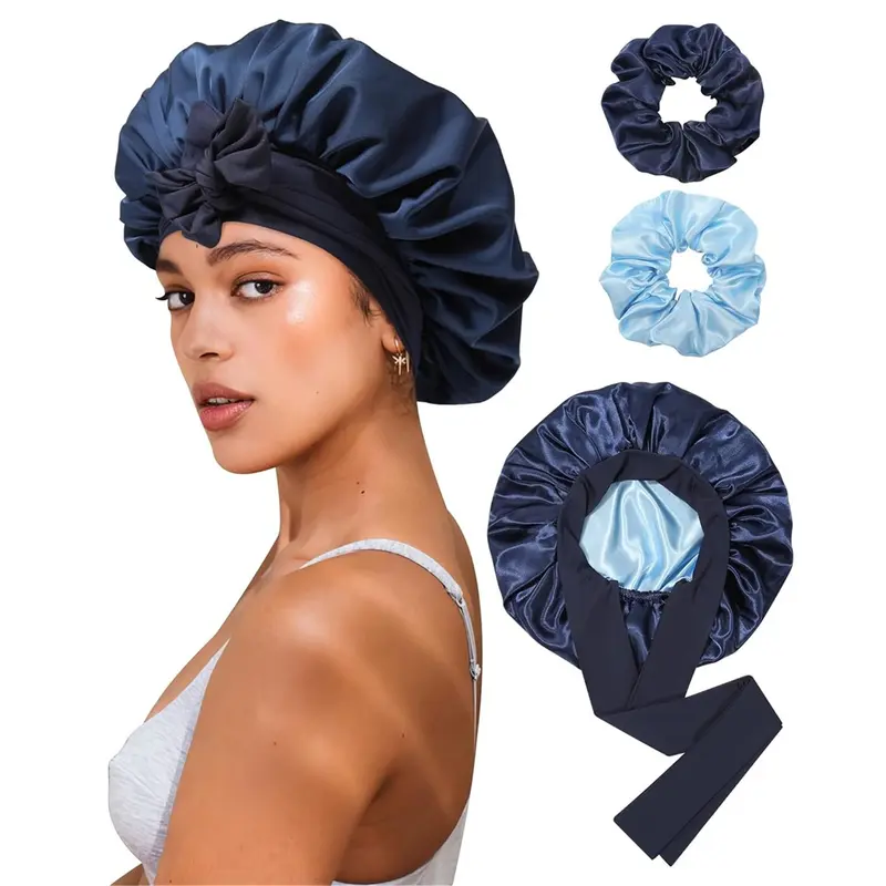 Women's Reversible Double-Layer Polyester Satin Night Bonnet Hat with Elastic Stretch Tie Band, 2PCS Hair Scrunchies - Lightweight Friction-Free Curly Hair Smoother, Heatless Curl Every Day Haircare Accessory