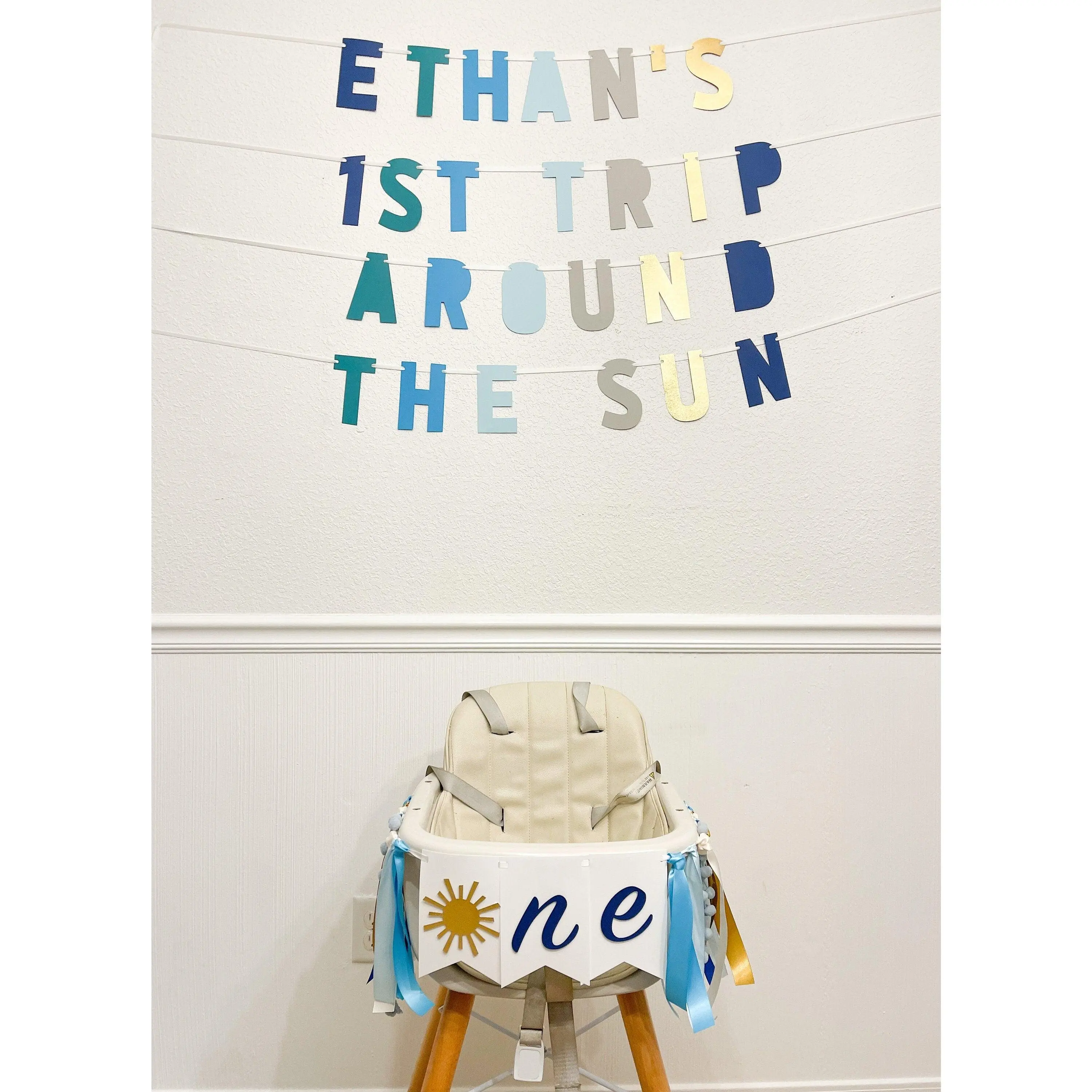 1st Trip Around the Sun Banner – Blue & Gold First Birthday Party Decoration