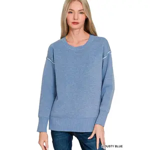Dusty Blue & Cream Trim Sweater