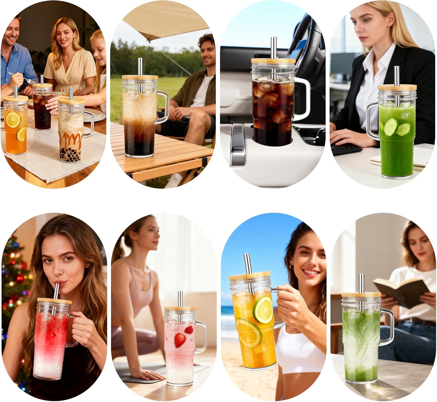 Glass Cups with Bamboo Lids and Straws,24oz Glass Tumbler with Handles,4-Pack Mason Jar with Lids and Straw Wide Mouth, Reusable Smoothies Cups, Iced Coffee Cups, Drinking Jars Travel Mugs