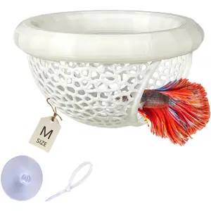 Floating Betta Hammock with Suction Cup, Shrimp Cave, Betta Fish Feeding Rings, Printed Aquarium Decor (White, Medium)