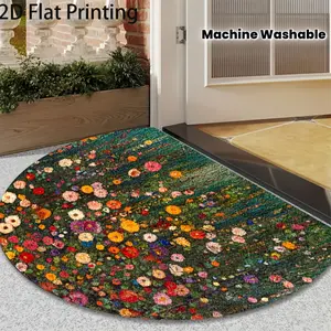 2D flat semi-circular floor mats - colorful flowers on a dark background, machine washed indoor/outdoor mats for entrances, patios, living rooms, bedrooms, bathrooms - many sizes, entrance decoration | Art Home Decoration | Living Room Carpets