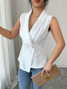 Elegant Striped Waistcoat with Lapel Design, Single Button Closure, Office & Date Night Style, Chic and Sophisticated Look