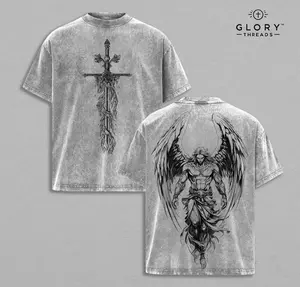 Men's Oversized Short Sleeve Graphic T-Shirt, Saint Michael Archangel Washed Heavyweight 230gsm Cotton Top, Casual Christian Apparel, Tshirt